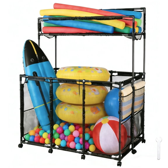 Yescom Metal Frame 10 Wheels Rolling Mesh Pool Storage Bin XL Double Decker with Noodle Holder, Black