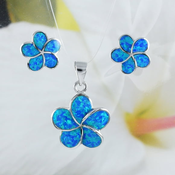 Beautiful Hawaiian Blue Opal Plumeria Earring and Necklace, Sterling Silver Opal Plumeria Flower Pendant, N6005 Birthday Valentine Mom Gift