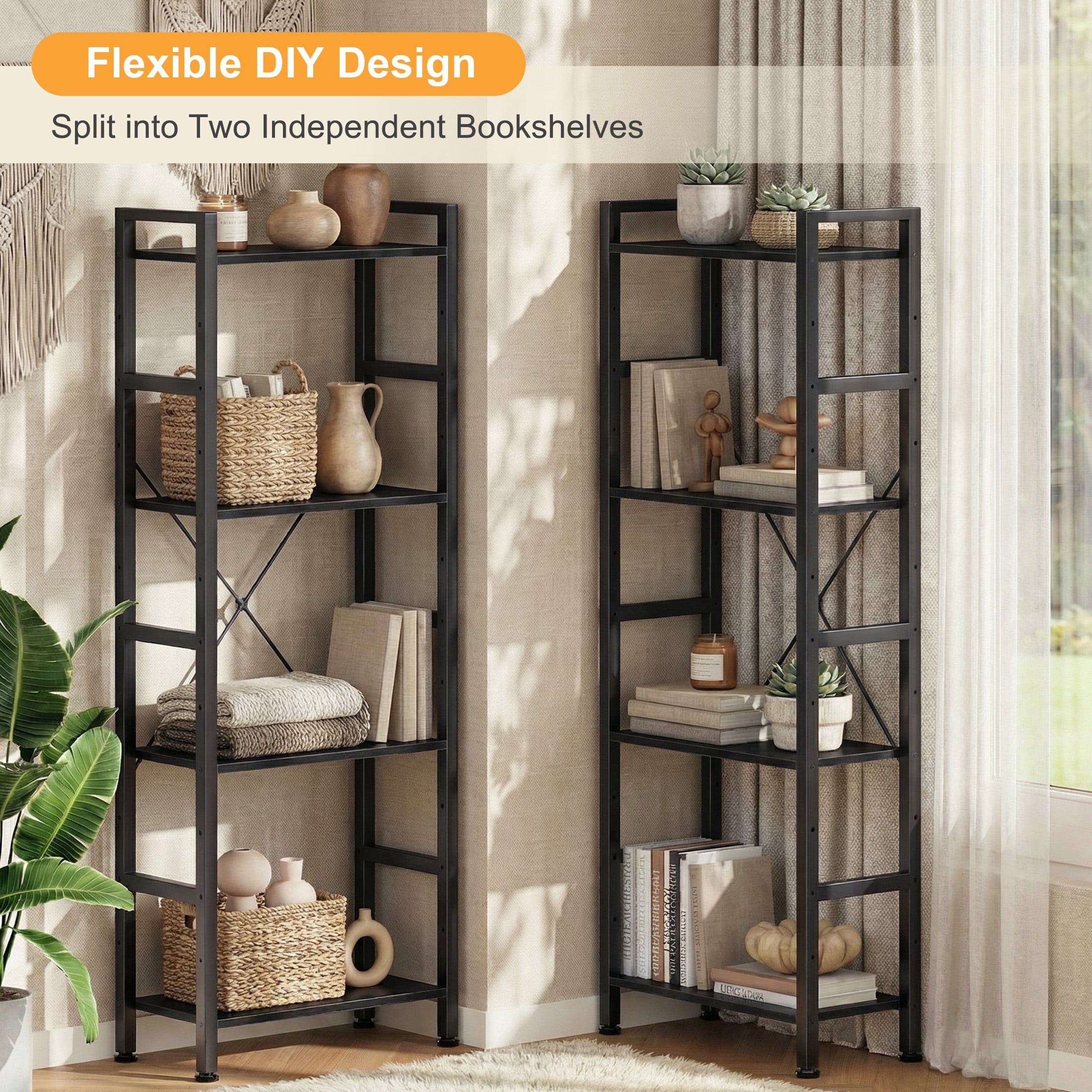 EDX Triple 4 Tier Bookshelf Storage Shelf, Modern Freestanding Bookcase with Metal Frame, Open Display Shelves, Space Saving Storage Organizer, Black