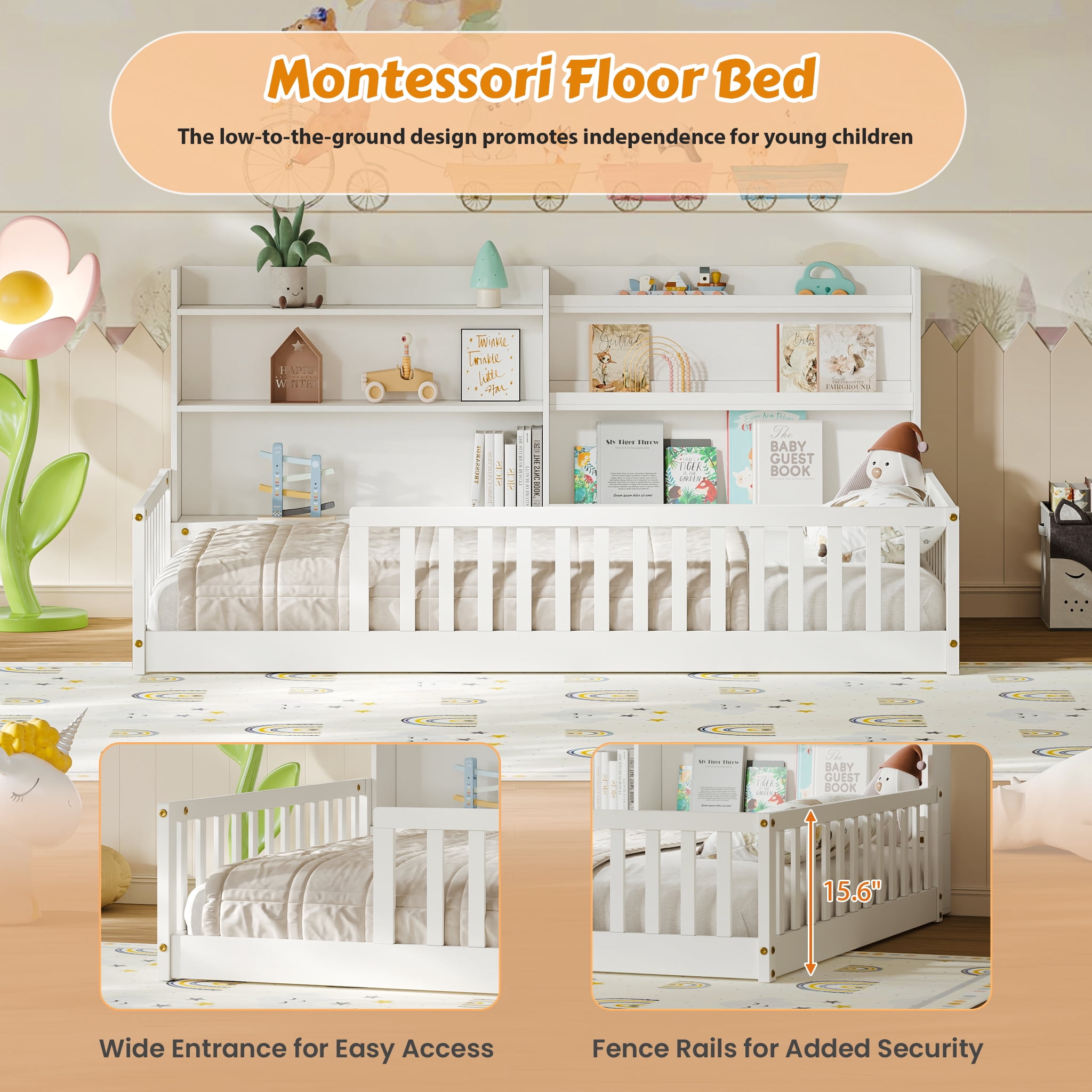 Garitin Twin Floor Bed and Montessori Kids Bed 77.2 Inch, Solid Pine Wood Frame with Bookshelf and Safety Rails for Children Bedroom, White