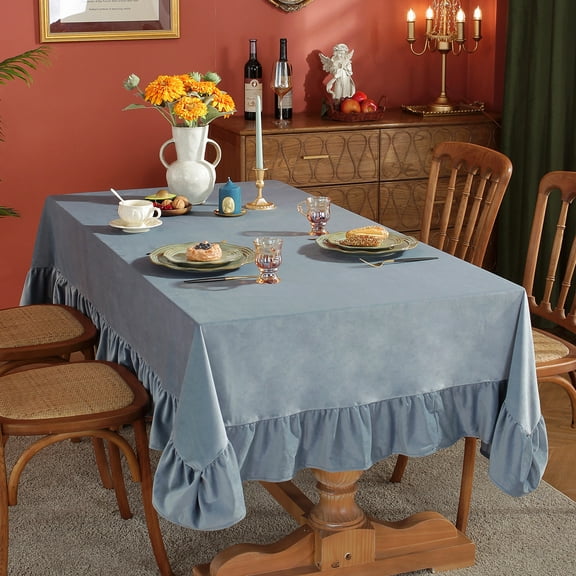 XmhyTop 78.7"x55.1" Luxurious Velvet Tablecloth, Soft Thick Wrinkle-Resistant Rectangular Cover with Decorative Ruffle Edge, Ideal for Kitchen Dining, Parties & Weddings, Blue