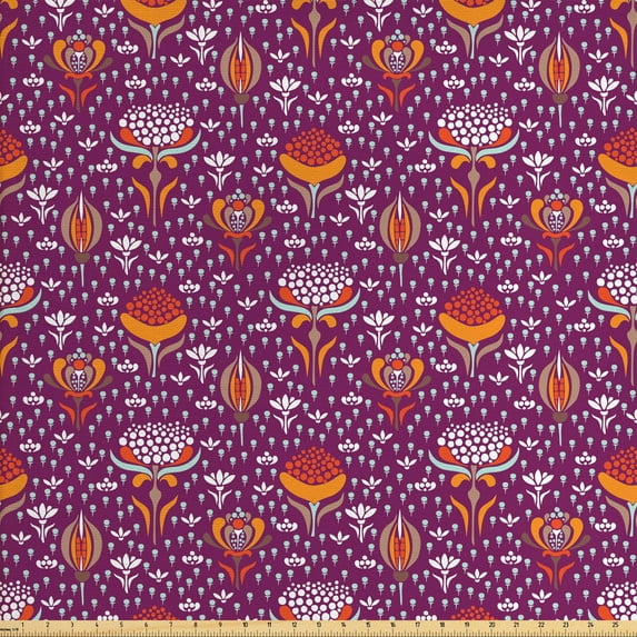 Floral Fabric by the Yard, Garden Flowers Retro Style Scandinavian Pattern Spring Season, Decorative Upholstery Fabric for Sofas and Home Accents, Purple Orange by Ambesonne