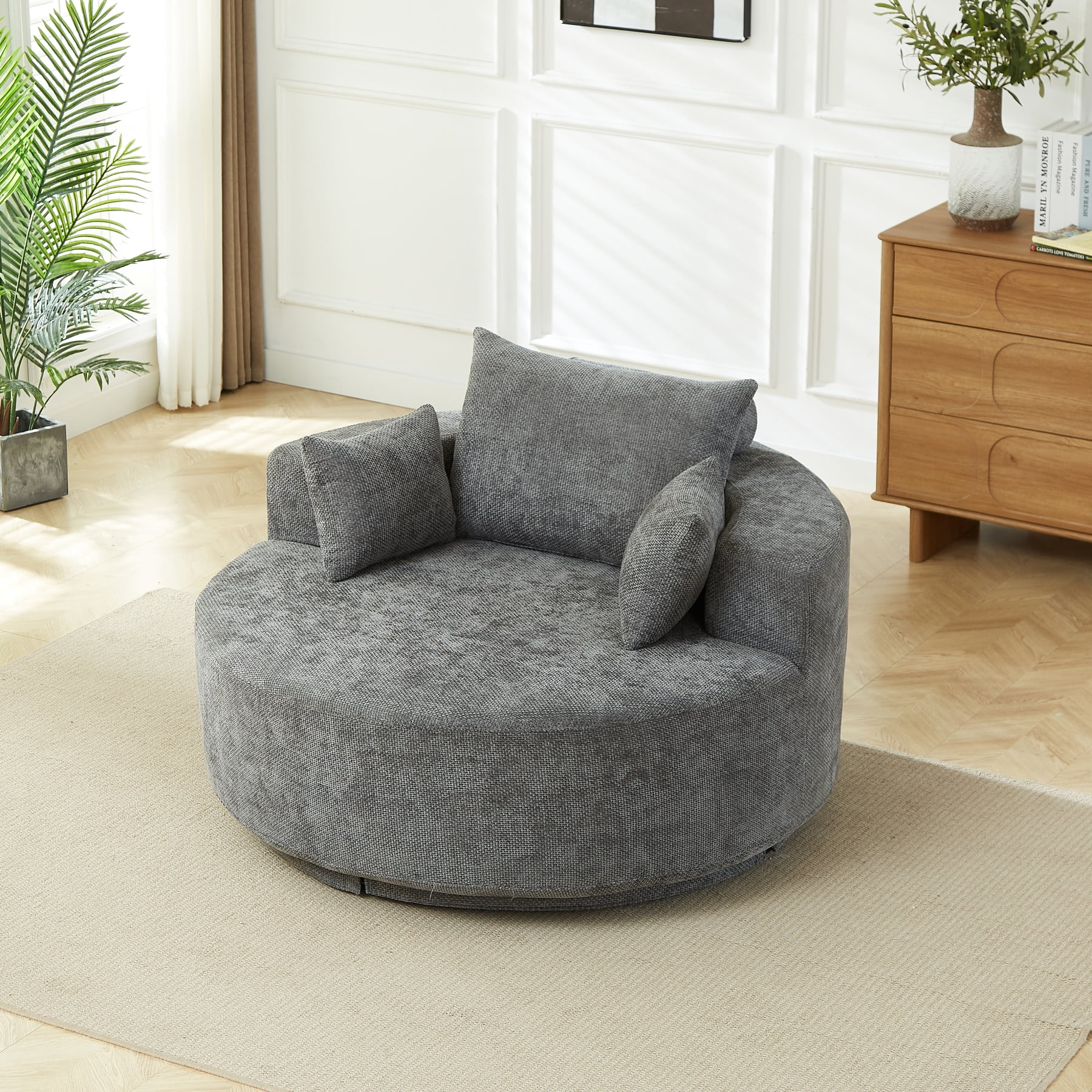 Leumius 55" Oversized Round Swivel Accent Chair,Upholstered Chenille 360 Degree Swivel Chair for Living Room, Bedroom, Lounge and Projection Room,Gray