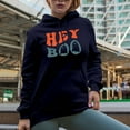 thumbnail image 2 of Hey Boo, Pun for Girlfriend, Boyfriend, Wife or Husband, Groovy Retro Wavy Text Merch Gift, Navy Blue Hooded Sweatshirt or Hoodie, 2XL, 2 of 5