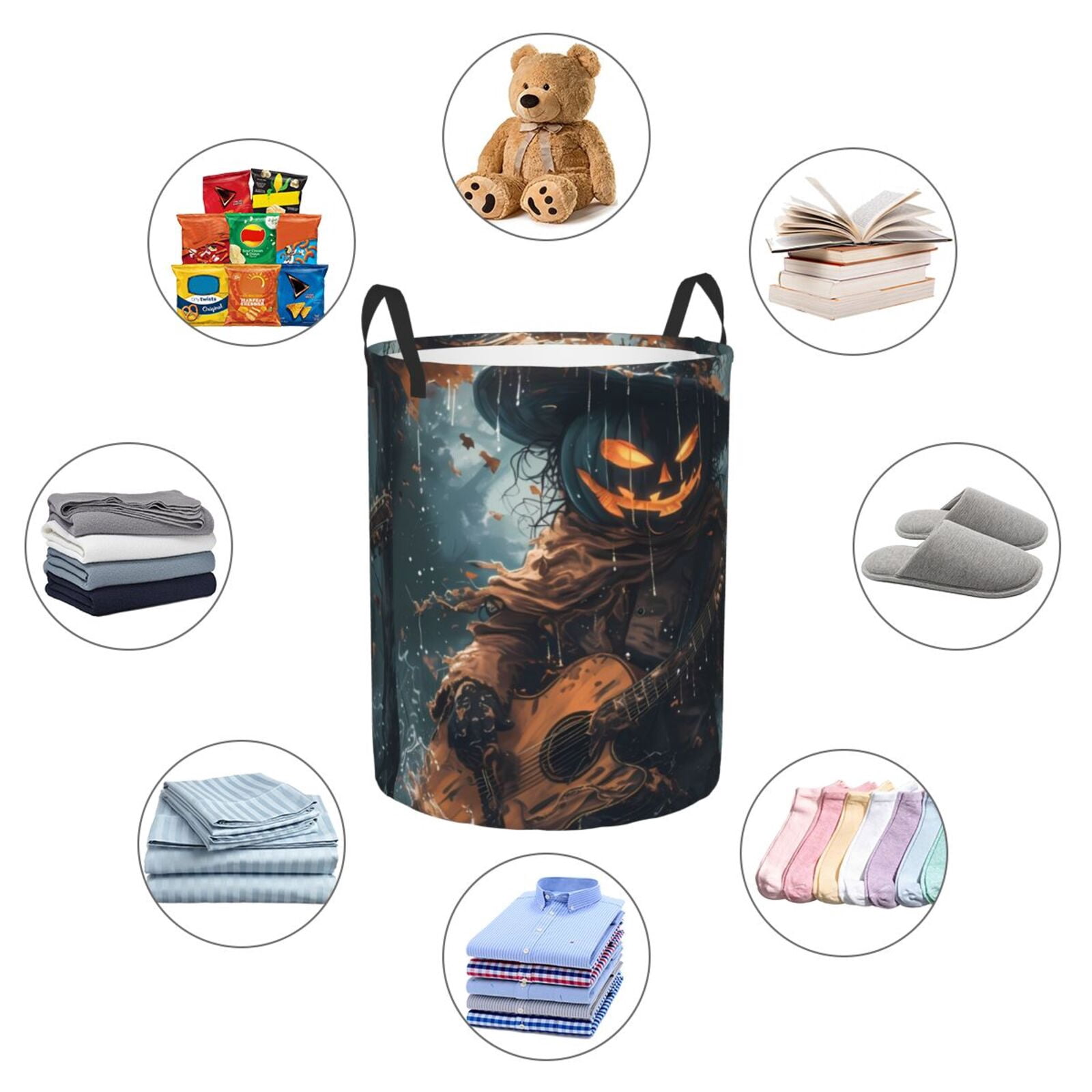 Large Laundry Basket with Handles - Halloween Pumpkin Guitarist Kids Baby Dirty Clothes Laundry Hamper for Bedroom Aesthetic
