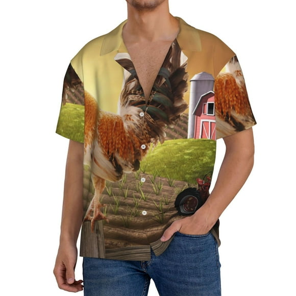 Cauagu Country Farm Morning Rooster for Men's Short Sleeve Button Down Hawaiian Shirt for Men Bowling Shirts Casual Summer Beach Shirt-4X-Large