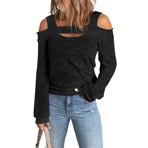 Conairie Cold Shoulder Shirt For Womens Solid Loose Long Sleeve Tunic Tops Comfy Work Tee Pullover Outfits Black L