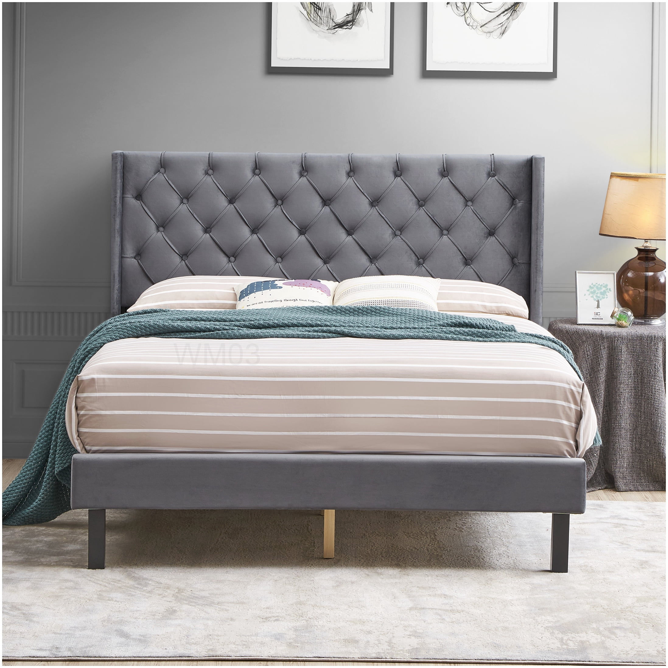 Modern Velvet Upholstered Queen Bed Frame with Wingback Headboard, Charcoal Gray, No Box Spring Needed