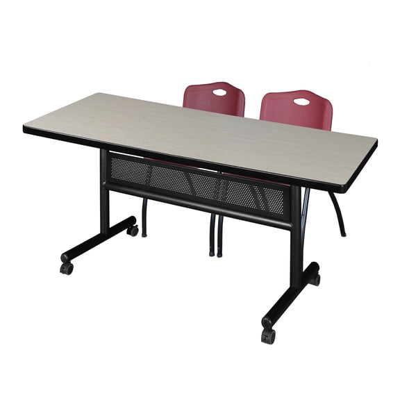 72" x 30" Flip Top Mobile Training Table with Modesty Panel- Maple and 2 "M" Stack Chairs- Burgundy