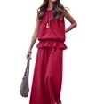 thumbnail image 3 of Women Summer 2 Piece Outfits Sleeveless Ruffle Top Wide Leg Pants Set with Pockets Wine Red S, 3 of 8