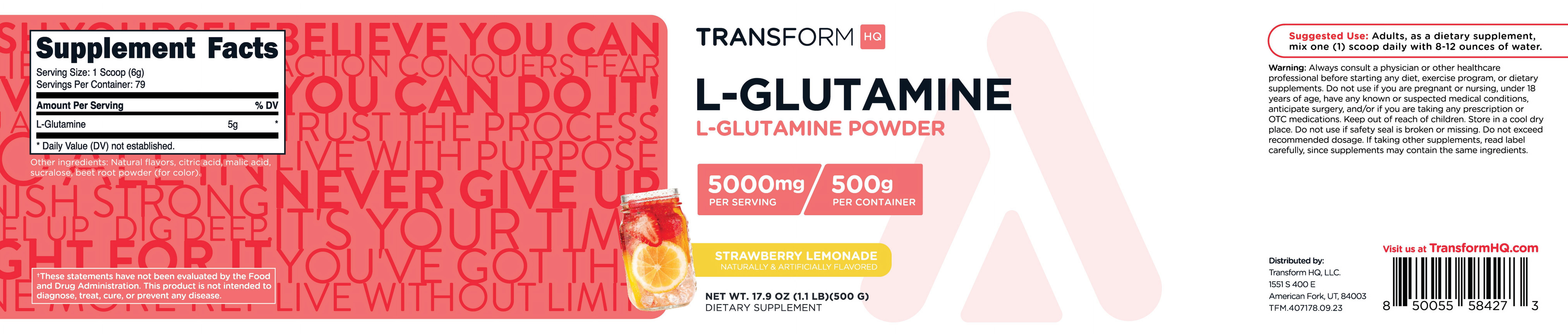 TransformHQ L-Glutamine Powder 500g (Strawberry Lemonade) - Gluten Free, Non-GMO