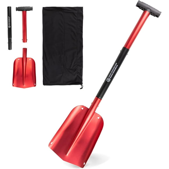 72 HRS Collapsible 3-in-1 Aluminum Compact Snow Shovel - Snow Removal in Winter, Emergency Kit for Vehicle, Car, Van, SUV, Truck, Snowmobile, Snowboard Gear, Camping, Gardening (Red, 21”-32”)