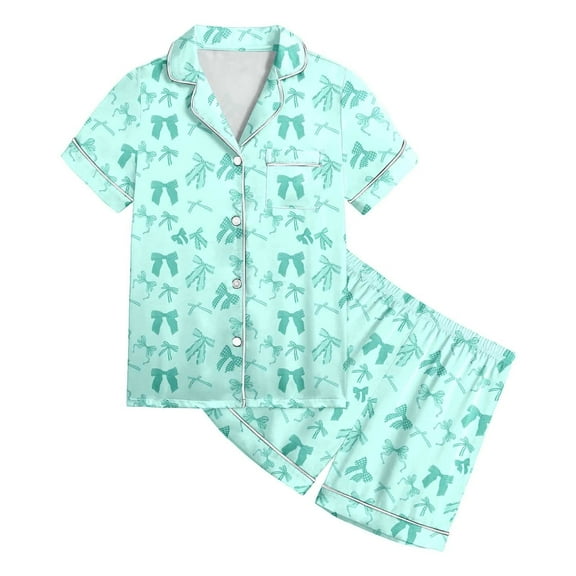 WRTFVZA Satin Pajamas for Girls Size 13- Mint Green Shorts with Bowknot Prints Short Sleeve Outfit 2 Piece Pjs Set Cartoon Sleepwear Loungewear Kids Clothing