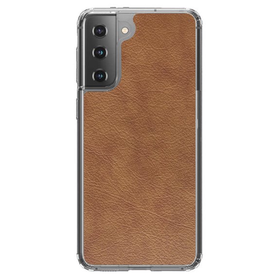 DistinctInk Clear Shockproof Hybrid Case for Galaxy S21  PLUS 5G (6.7" Screen) - TPU Bumper, Acrylic Back, Tempered Glass Screen Protector - Dark Brown Faux Leather Print Design - Faux Leather