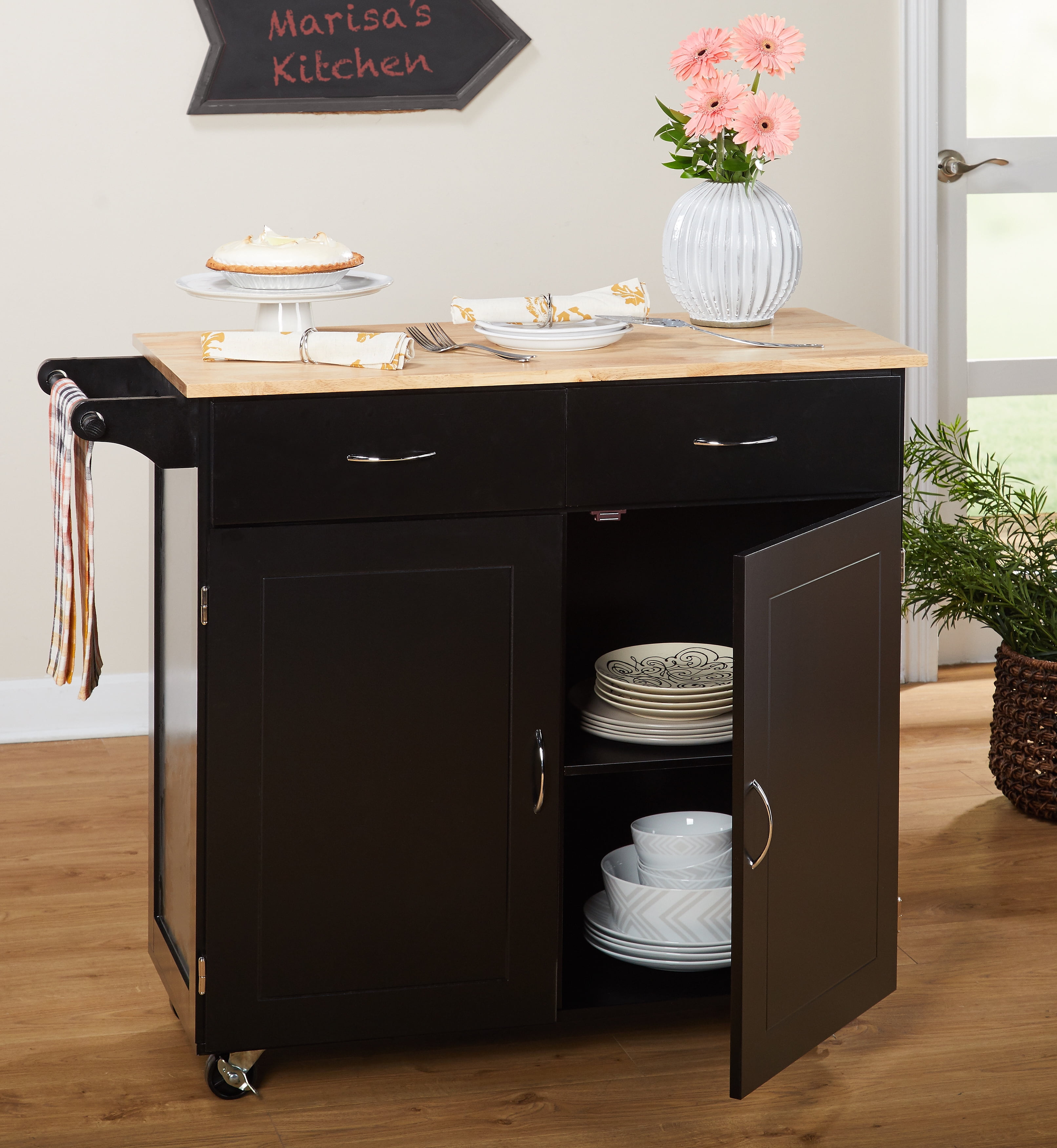 Black Kitchen Island Cart With Solid Wood Top And Locking Wheels With