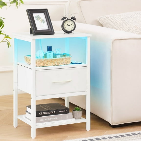 Yoobure LED Nightstand with Charging Station, End Tables with Adjustable Fabric Drawer for Bedroom Living Room,White