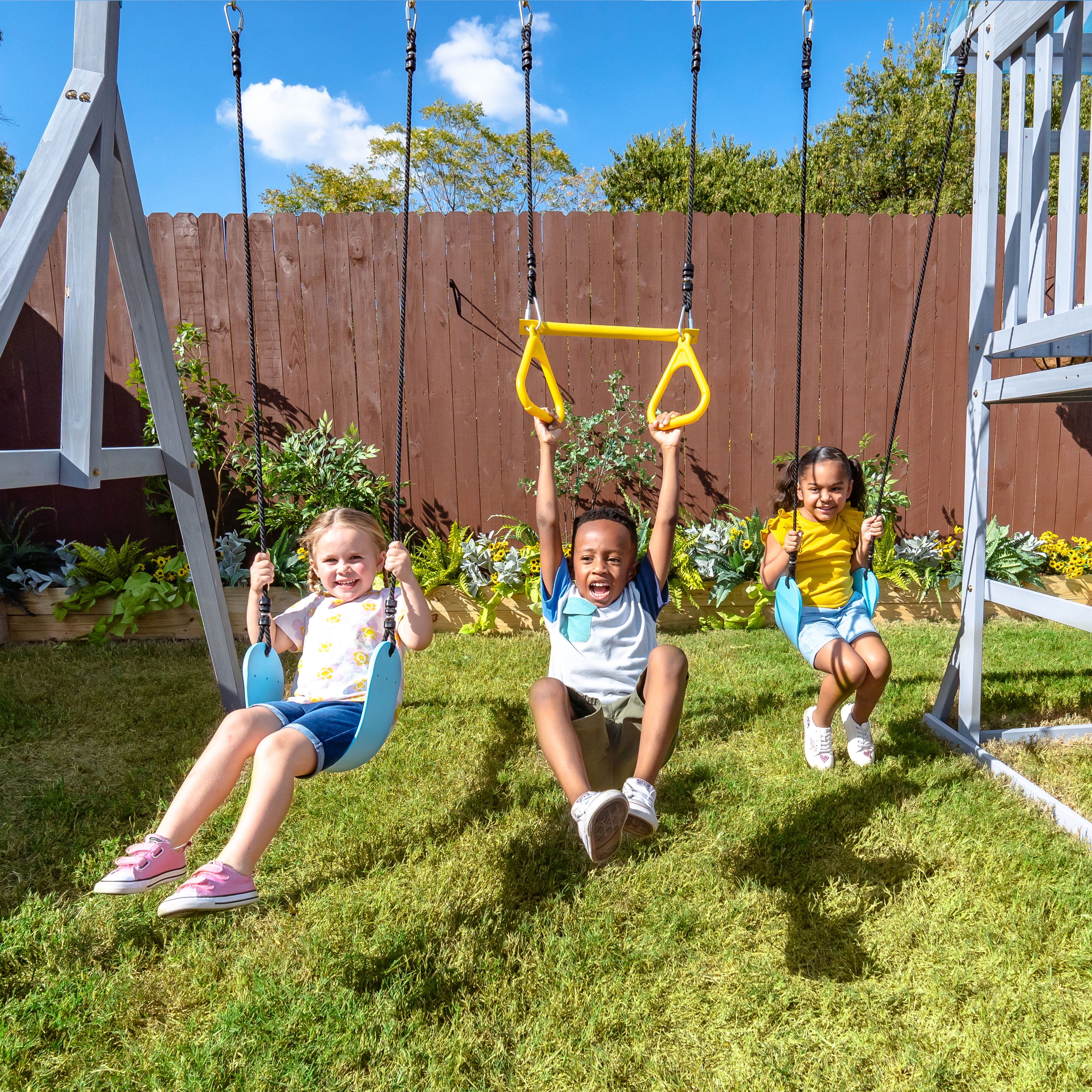 Teamson Kids Everett Plus Swing Set Playset with Platform & Rock Wall, Gray