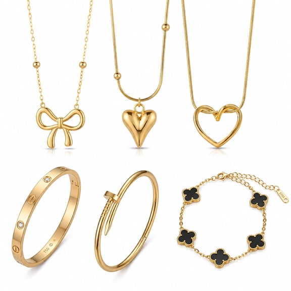 AL MARJAN 6-Piece Stainless Steel Jewelry Set with 3 Pendant Necklaces and 3 Bracelets, Heart Bow and Clover Designs, Assorted Fashion Accessories