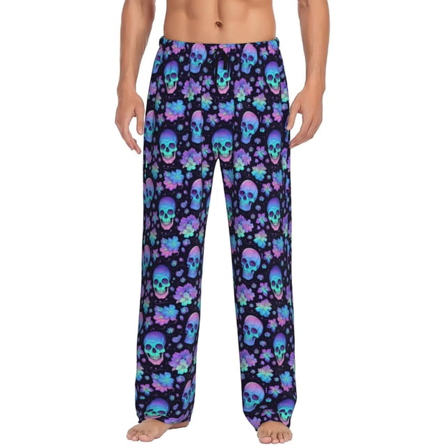 Fotbe Skull flower funny Pantalones de Pijama para Hombre, Pantalones de Dormir, Pantalones de Casa con Cintura Ajustable y Bolsillos-Small