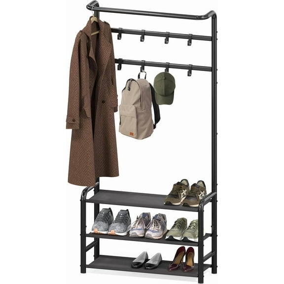 Coat Rack with Storage Shelf, Freestanding Hall Tree with Hooks for Entryway, Bedroom, Office, Black Metal Clothes Hanger Stand for Coats, Hats, Jackets, Bags - Black