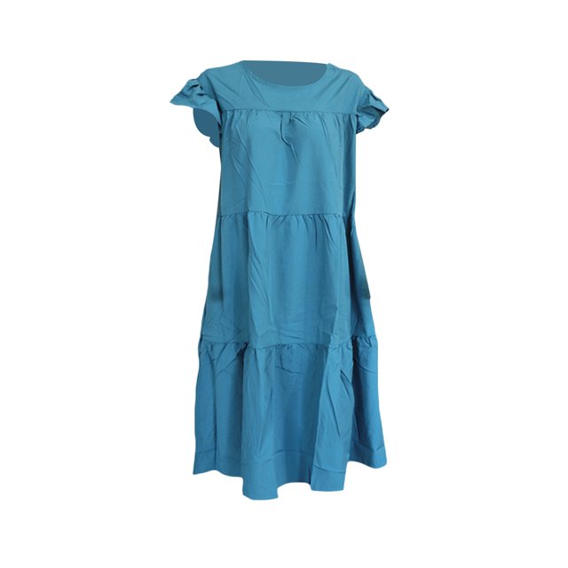 Wangsaura Women Temperament Loose Mid-length Dress, Solid Round Collar Fly Sleeve Ruffle Layered Flowy Skirt Beachwear