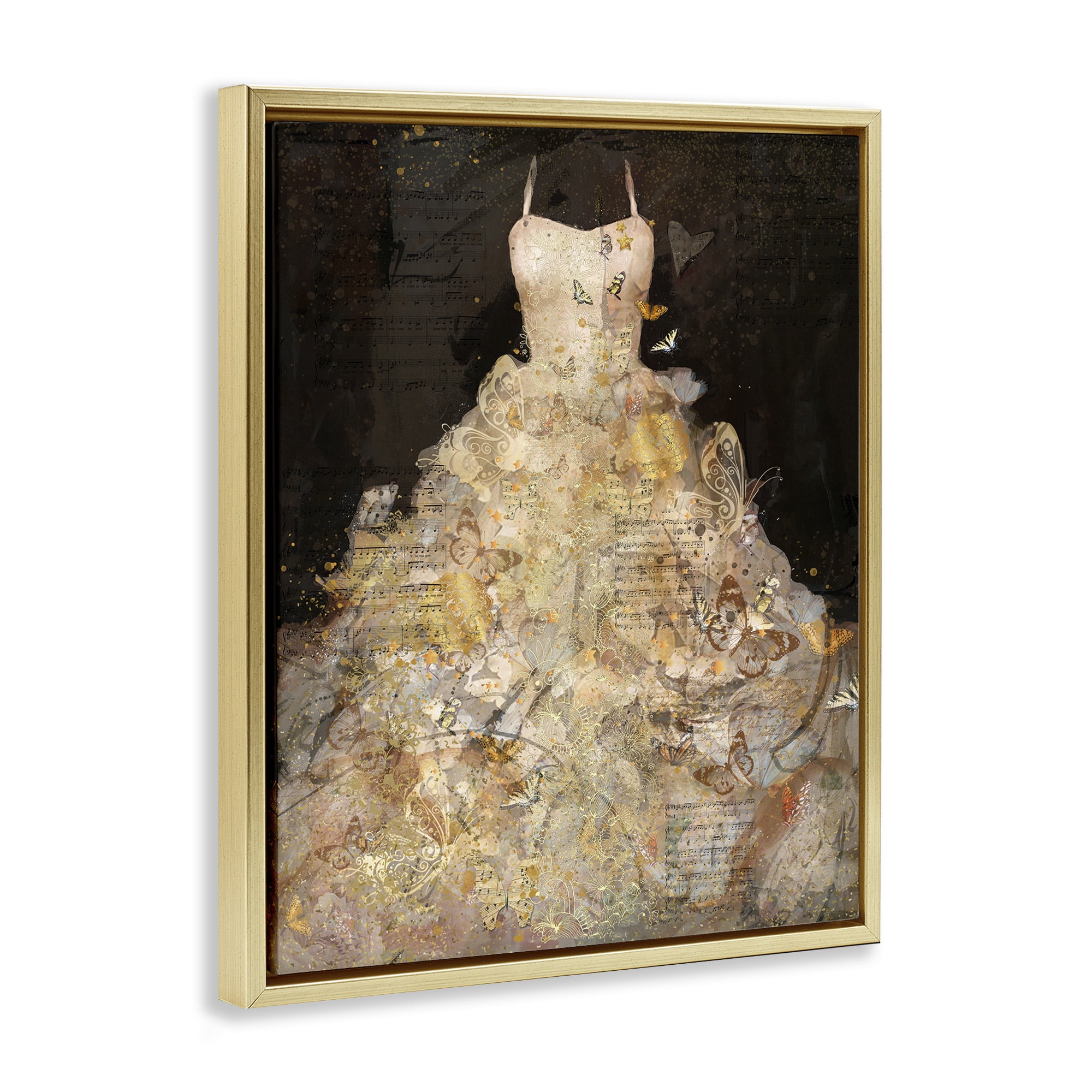 Stupell Industries Detailed Evening Gown Collage Beauty & Fashion Painting Gold Floater Framed Canvas Art Print Wall Art, 25 x 31