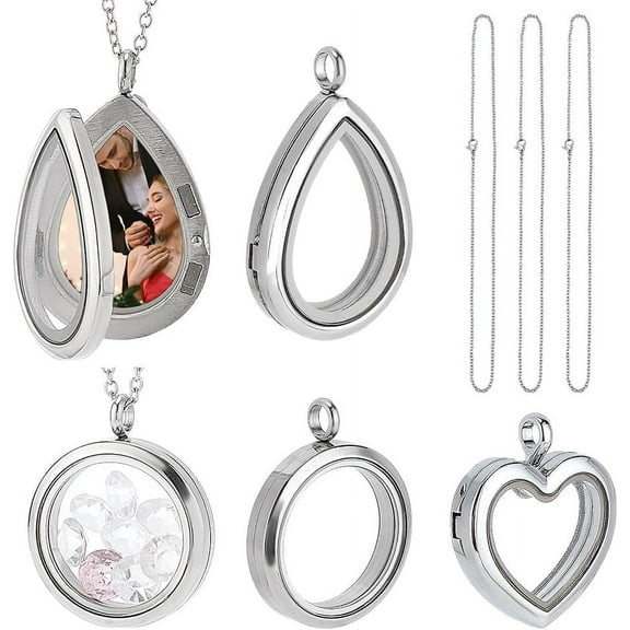 3 Styles Locket Pendant Necklace 304 Stainless Steel Memory Floating Charms Round Memory Necklace Teardrop Heart Pendant Buckle Closure