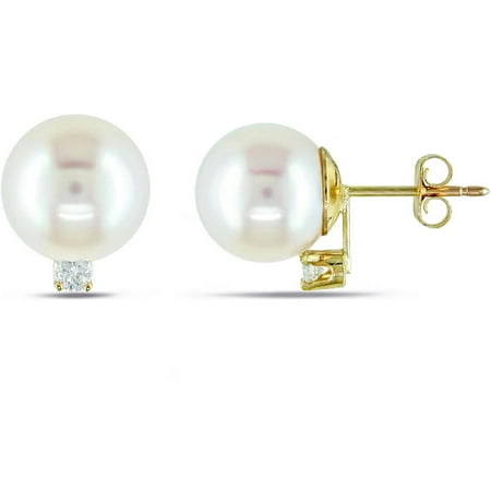 Miabella 7-7.5mm White Round Cultured Freshwater Pearl and Diamond Accent 14kt Yellow Gold Stud Earrings