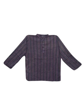 Mogul Men's Cotton Washed Purple Shirt Short Kurta Trendy Tunic Stripes Print Button Front Traditional Ethnic Wear