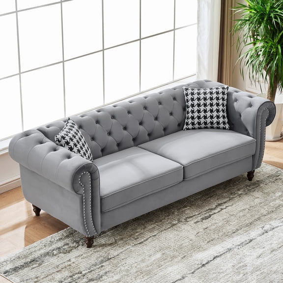 87" Chesterfield Velvet Sofa with Rolled Arms and Nailhead Trim, Upholstered Mid-Century Modern Couch, Elegant 3-Seater Sofa for Living Room, Office or Apartment (Grey)