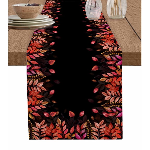 ERUNPONLY Red Leaf Table Runner - 70 Inch Long Fall Plant Country Vintage Watercolor Black Cotton and Linen Blended Dress Scarves Farmhouse Table Runner for Kitchen Dining, Coffee Table, 13"x70"