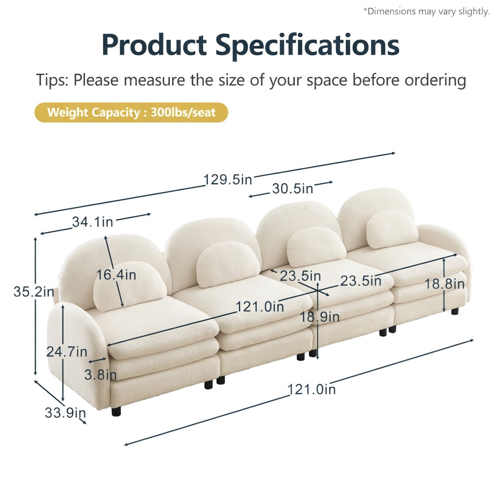 Hommoo Teddy Fleece 4-Seat Modular Sofa Set, Cloud-Soft Curved Backrest, Double-Layer Cushions & Lumbar Support, Living Room Couch, Beige