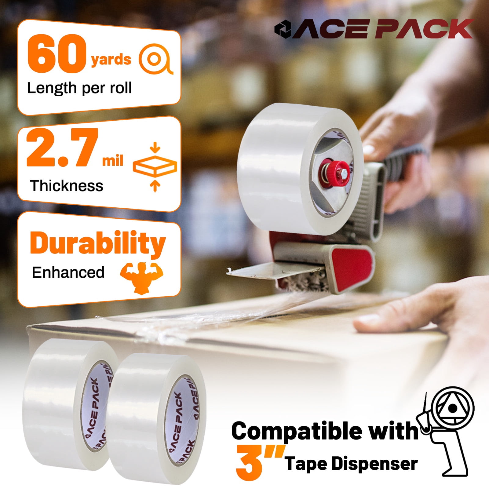 Ace Pack 2" Wide x 60 Yards Per Roll, 2.7 Mil Thick Heavy Duty Clear Packing Tape Sealing Tape Shipping Tape 24 Rolls