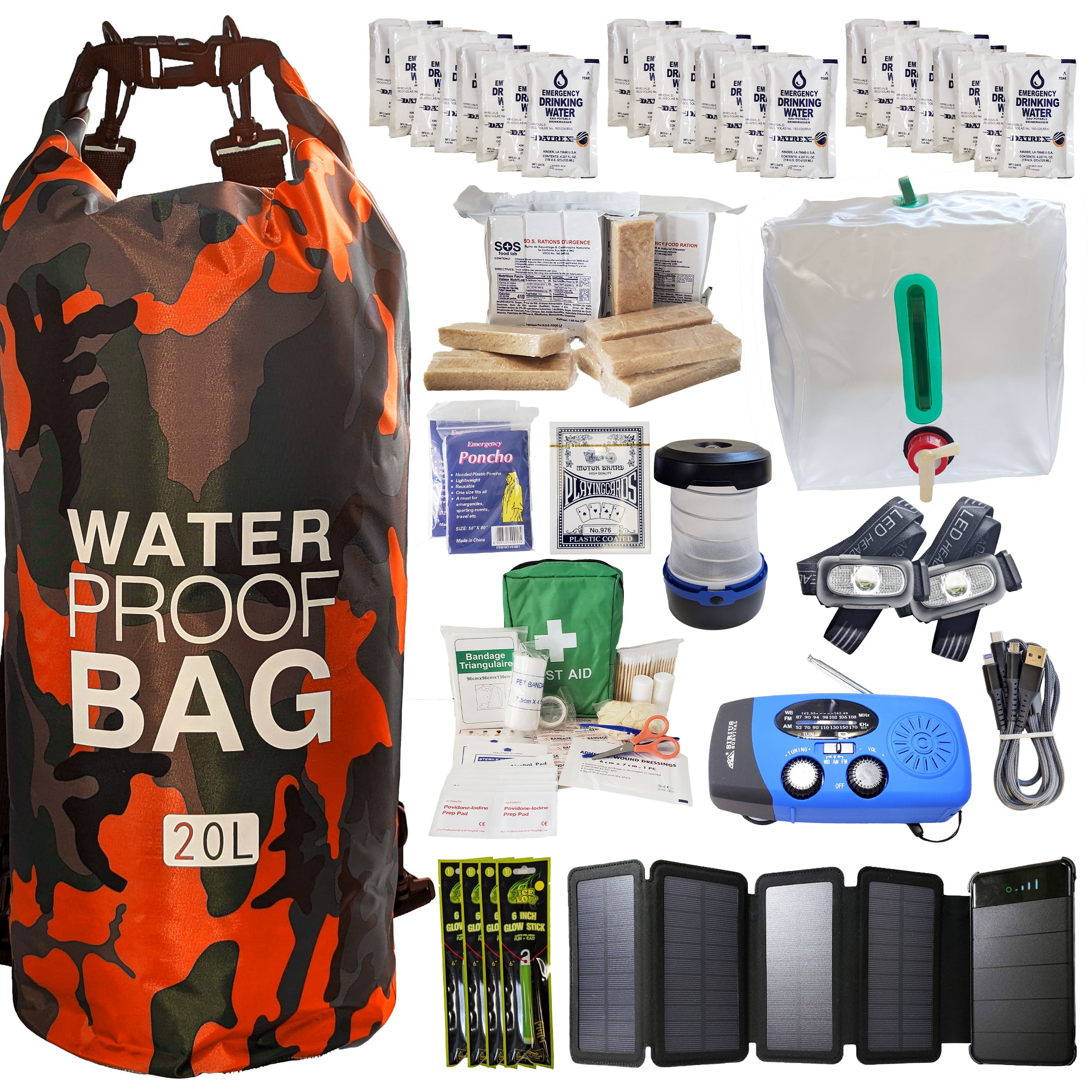 Sirius Survival Pre-Packed Hurricane Kit - Comprehensive Hurricane Preparedness Items - Essential Hurricane Supplies - Complete Hurricane Supply List in a Waterproof Bag for 2 People - Orange Camo