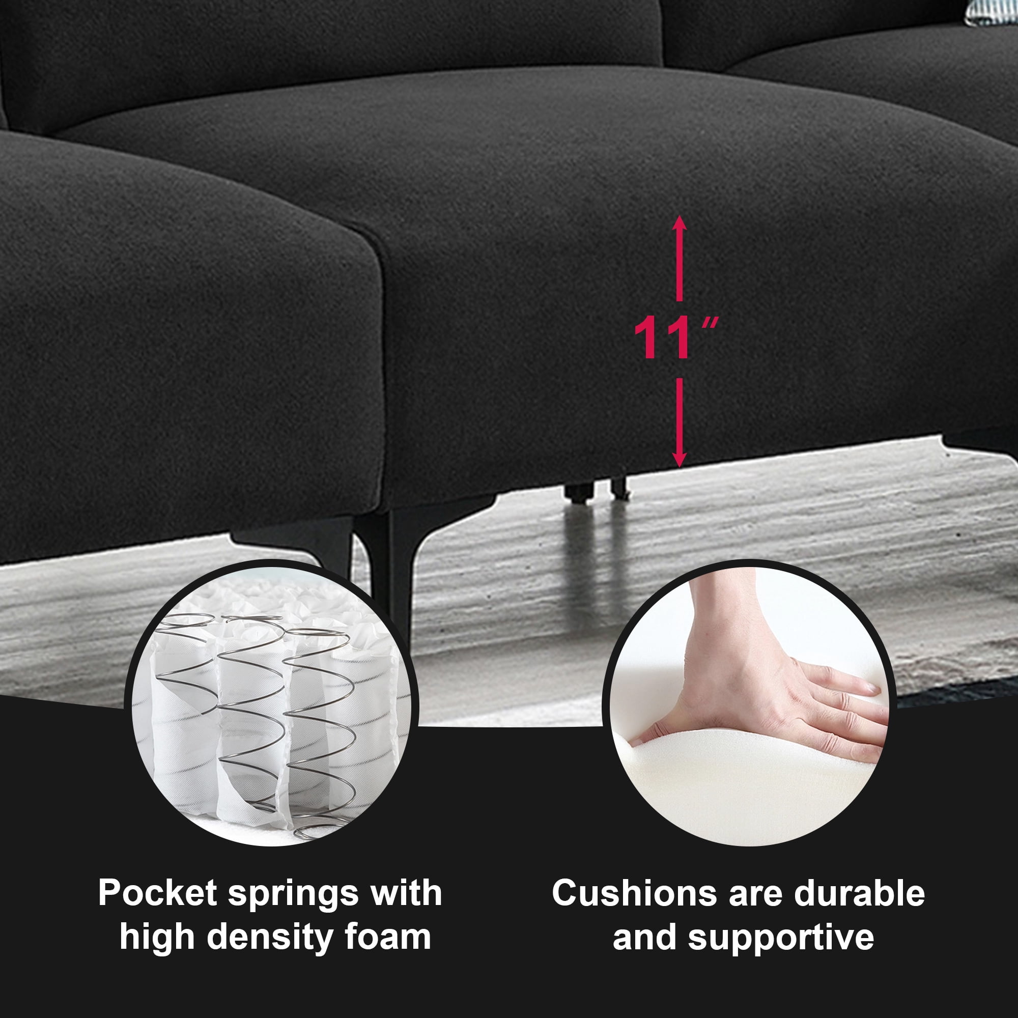 DEALTOPS Modern L-Shaped Velvet Sectional Sofa Couch with Ottoman, Upholstered Sleeper Sofa bed for Living Room or Bedroom-Black