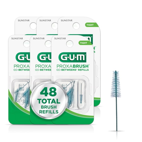 GUM Proxabrush Go-Betweens Refills - Tight - Compatible with GUM Permanent Handle -Reusable Interdental Brushes for Tight Teeth - Soft Bristled Dental Picks, 8 Count (Pac