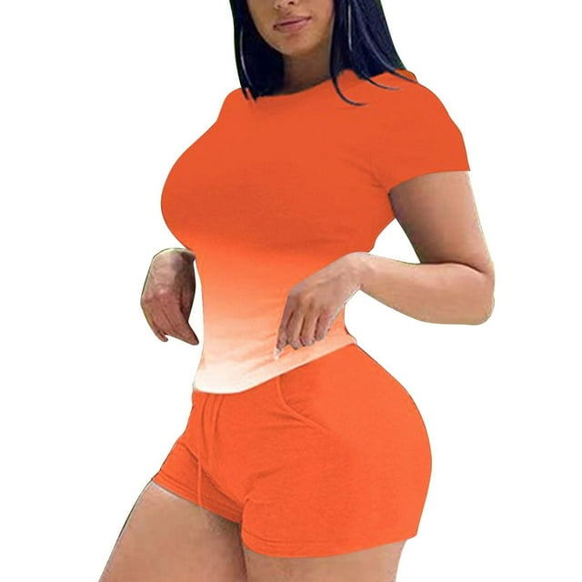 Conjuntos de Camisas Para Mujer, 2 Piezas, Traje Deportivo Informal, Cuello Redondo, Estampado, Manga Corta, Conjunto de Pantalones Cortos Odeerbi ODB124587