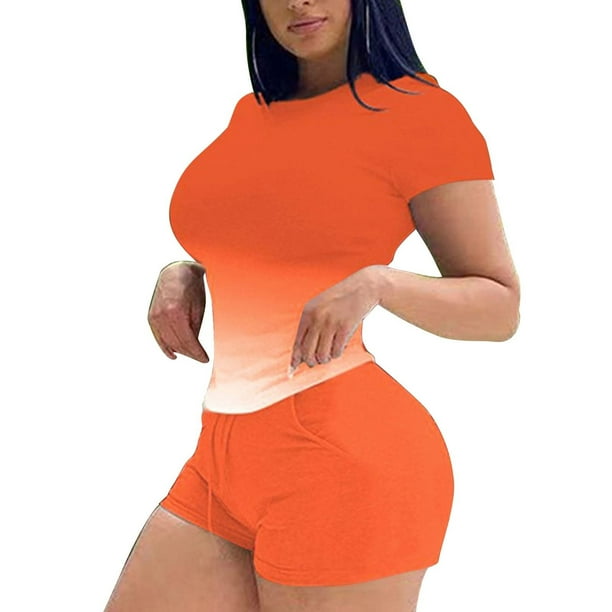 Conjuntos de Camisas Para Mujer, 2 Piezas, Traje Deportivo Informal, Cuello Redondo, Estampado, Manga Corta, Conjunto de Pantalones Cortos Odeerbi ODB124584