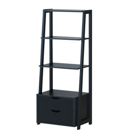 Ladder Bookshelf with Drawers, 4 Tier Storage Shelves, Rectangular Trapezoidal Design, Space Saving Display Rack for Home Office, Black