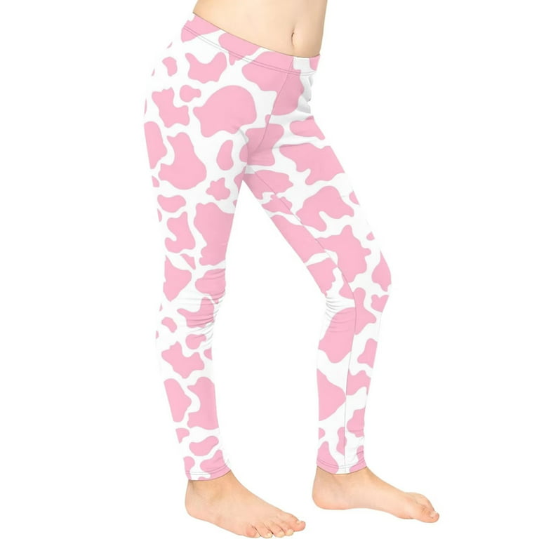 FKELYI Pink Cow Print Kids Leggings Size 10-11 Years Elastic School Youth Girls  Tights Summer Comfortable Daily Life Yoga Pants High Waisted 