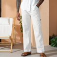 thumbnail image 2 of Hfolob Men's Pants Summer Solid Color Cotton Trouser Loose Casual Belt Drawstring Cotton Overalls Classic, 2 of 7
