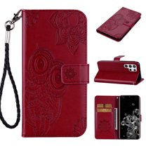 for Samsung Galaxy S23 Ultra Case, Samsung S23 Ultra Premium Leather Magnetic Case with Hand Strap Owl Embossed Case PU Leather Flip Wallet Case with Card Holder Kickstand, Winered