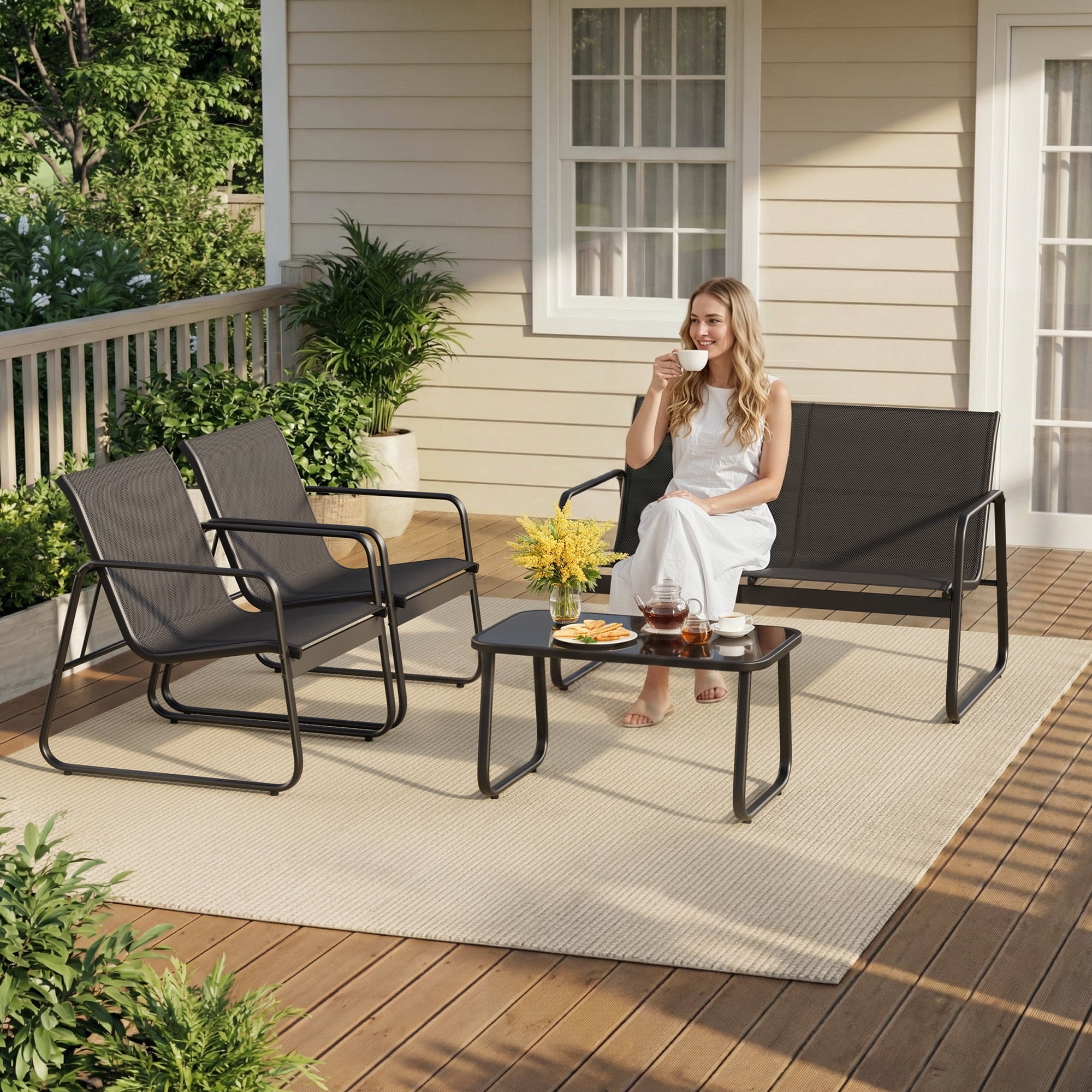 Lofka 4 PCS Patio Chairs Set, Outdoor Furniture Set with Loveseat and Cool Textile Fabric, Black