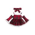 thumbnail image 1 of Conjunto navideño de terciopelo con ribete de piel para niñas pequeñas, mono de Papá Noel y diadema, 1 of 6