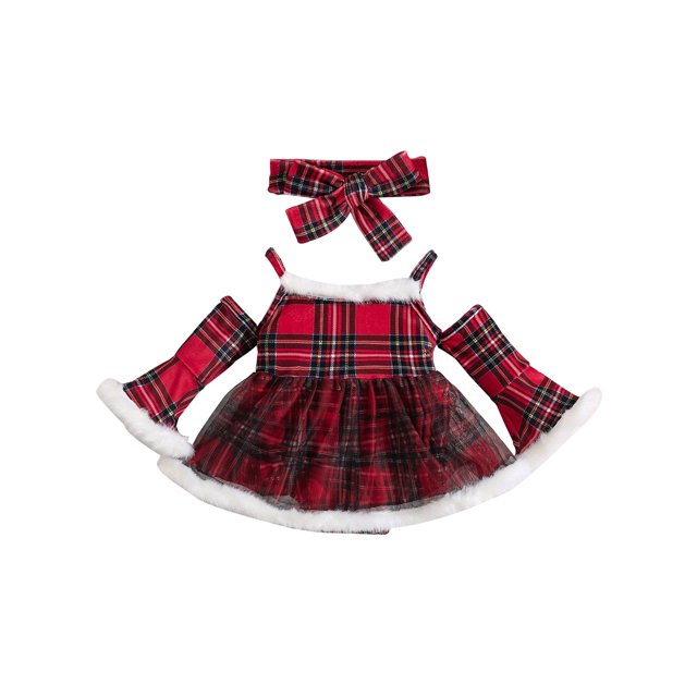 Conjunto navideño de terciopelo con ribete de piel para niñas pequeñas, mono de Papá Noel y diadema
