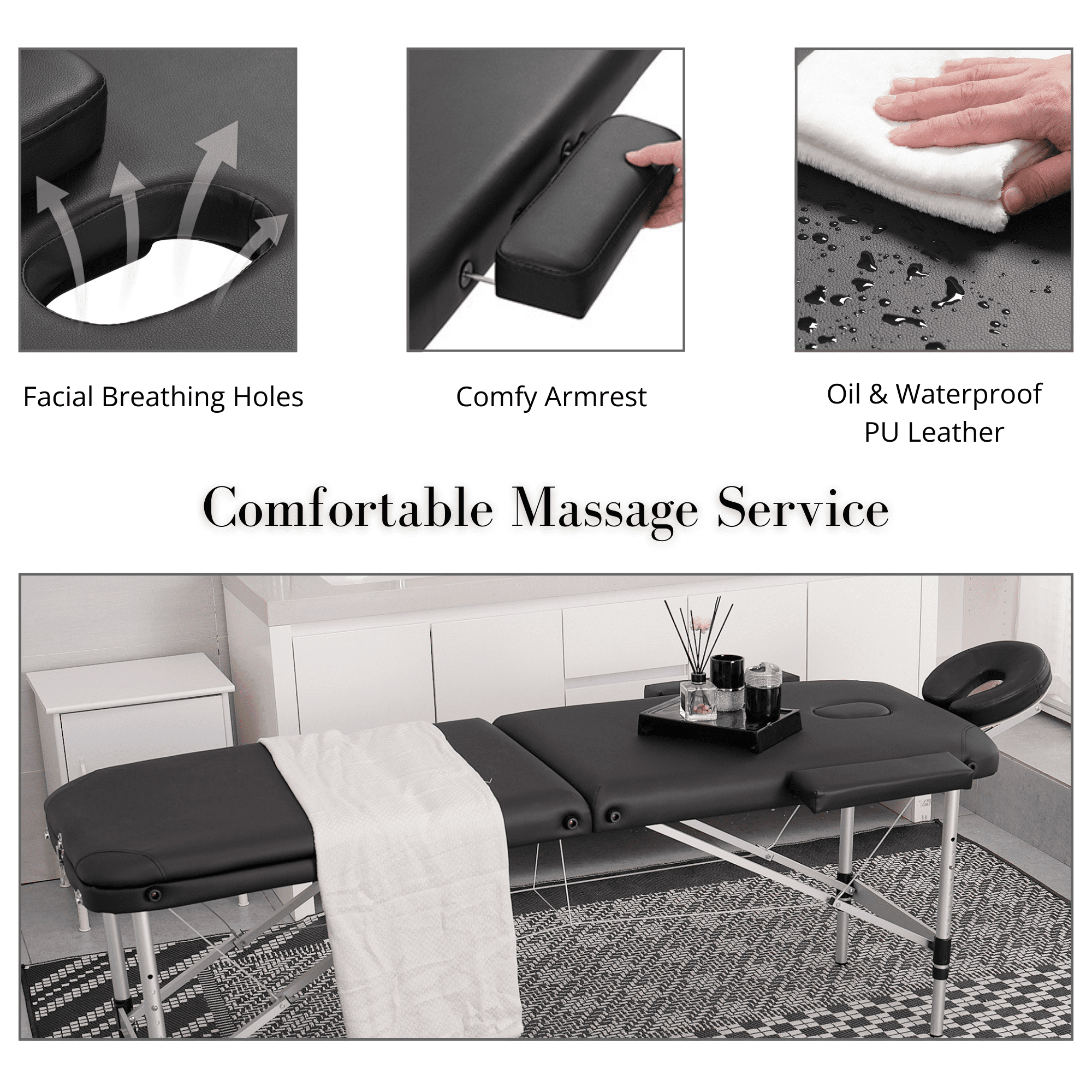 TrumanPick Massage Table Portable 84"L x 32"W Massage Bed 2-Section Foldable Spa Tables Aluminum Lash Bed with Carrying Case & Face Cradle, Hight Adjustable, Black
