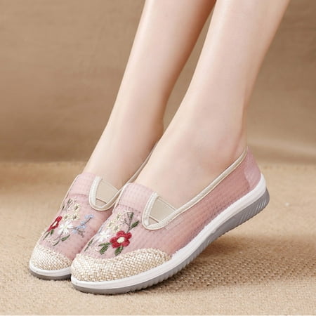 

YODETEY Women Flat Single Shoes Clearance Fashion Printed Round Toe Low Heeled Casual Shoes Ventilate Comfy Beach Mesh Shoes Pink