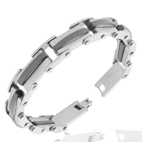 Stainless Steel Black Silver-Tone Link Mens Bracelet, 8.75"
