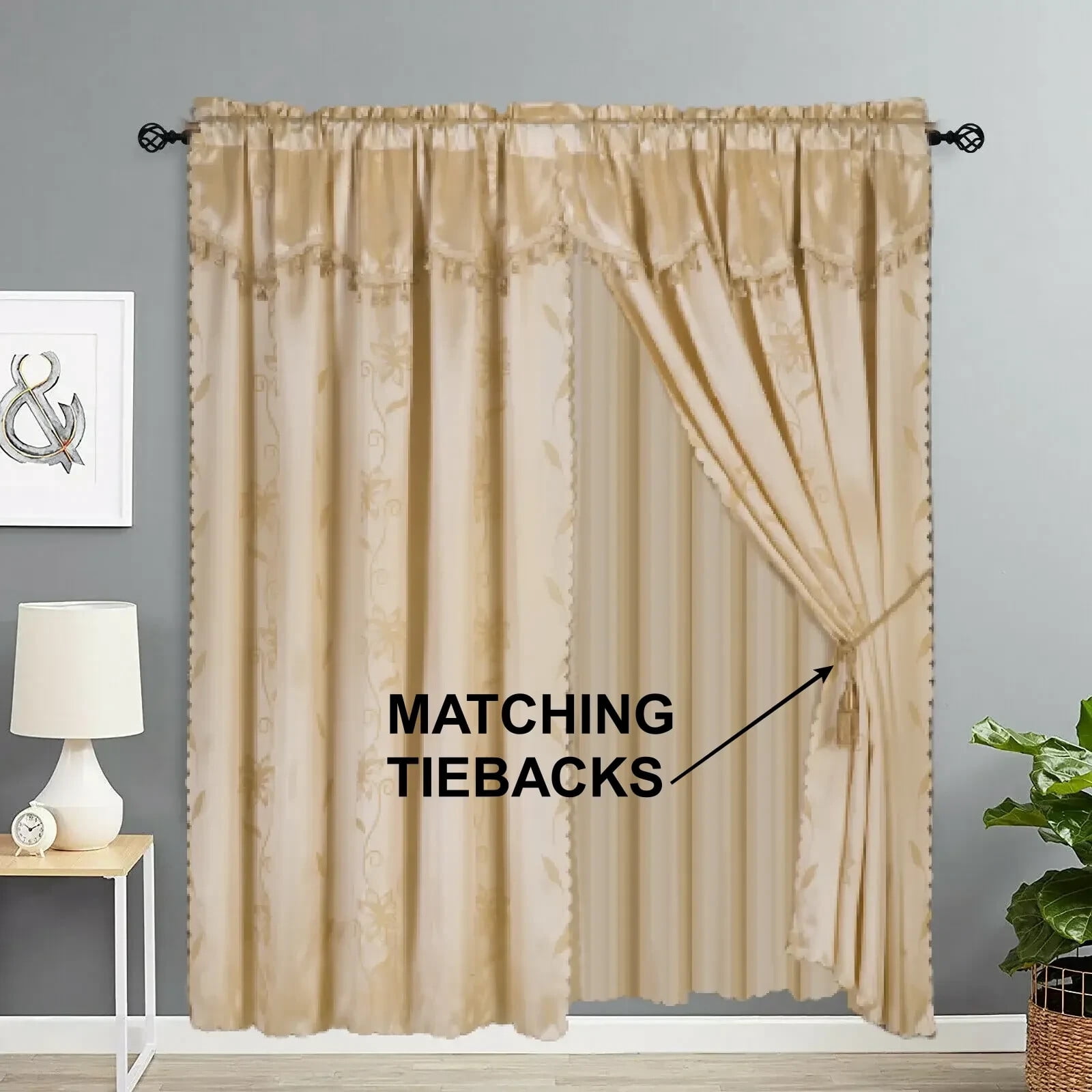 Nada Gold Complete Set Window Curtain Floral Faux Silk Panels Attached Valance and Backing Sheer Rod Pocket 120" W X 84" L