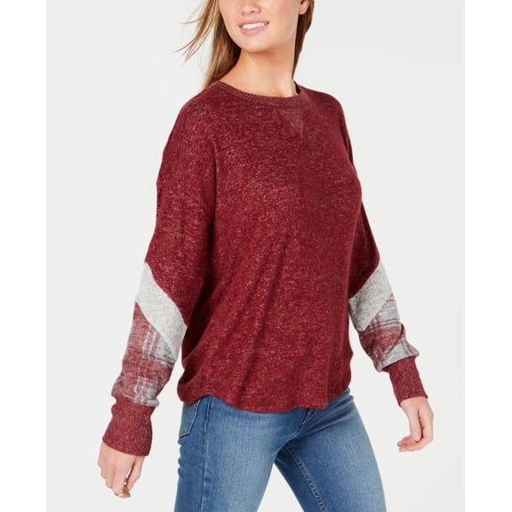 Hippie Rose Juniors Plaid Sleeve Hacci Sweater Burgundy L
